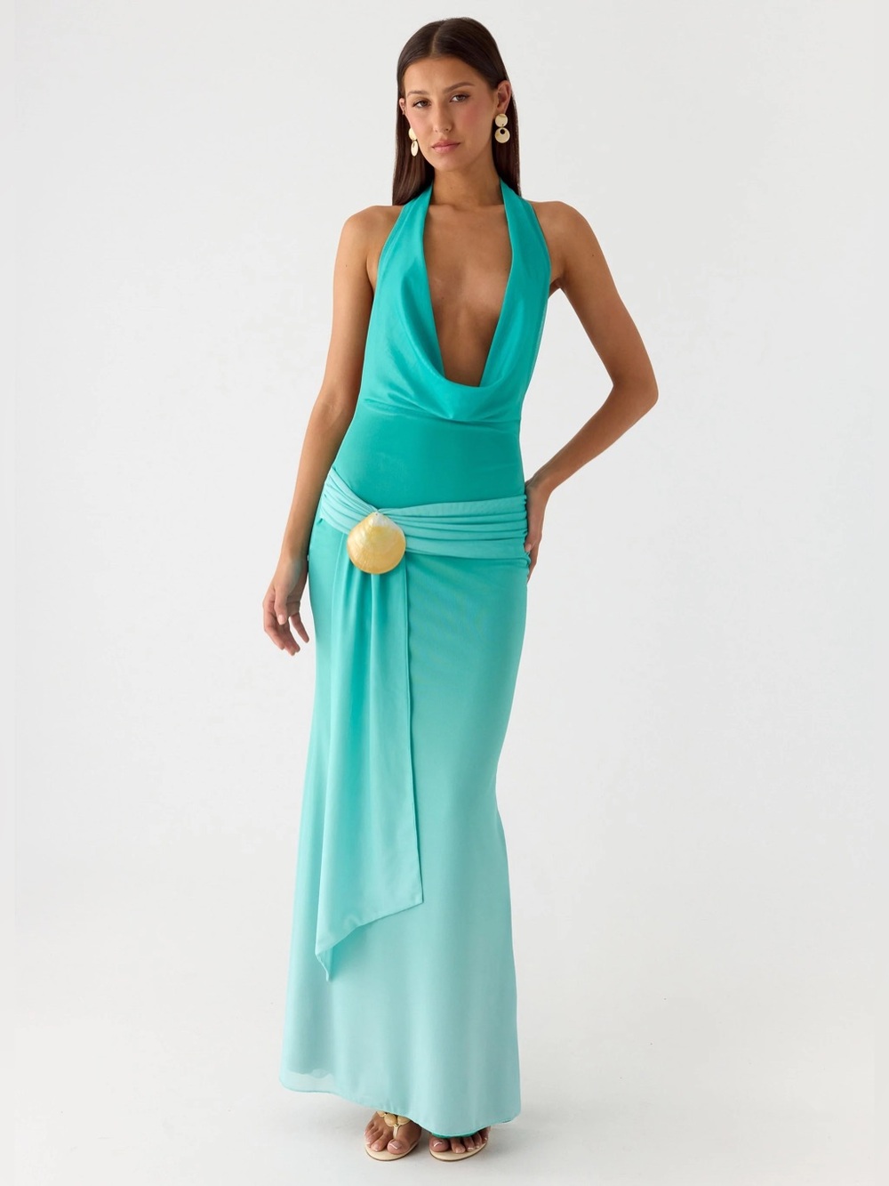 NWT PARADOX SHELL MAXI COWL NECK OMBRÉ Turquoise Halter Dress Draped GAIA PQ uo